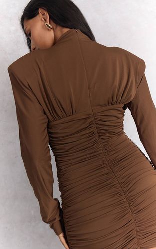 Chocolate Brown Robe Moulante Froncée À Manches Longues | Taille 42 - PrettyLittleThing - Modalova