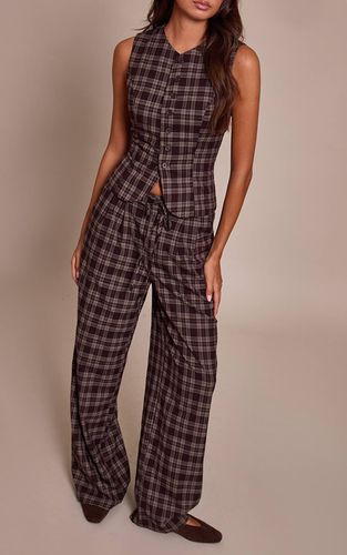 Chocolate Brown Pantalon Large Tissé Ajusté Avec Détail Nœud À La Taille | Taille 32 - PrettyLittleThing - Modalova