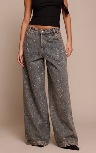 Jean Denim Jambe Large Taille Basse Décontracté Avec Strass | Taille 42 - PrettyLittleThing - Modalova