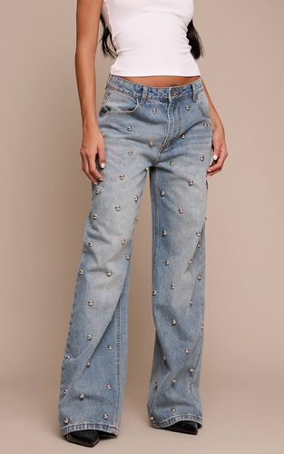 Mid Blue Wash Jean En Denim Taille Haute Bleu Moyen À Clous Dôme | Taille 32 - PrettyLittleThing - Modalova