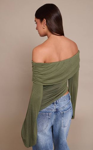 Dark Olive Haut À Manches Longues En Jersey Chiné Avec Détail Drapé | Taille 32 - PrettyLittleThing - Modalova