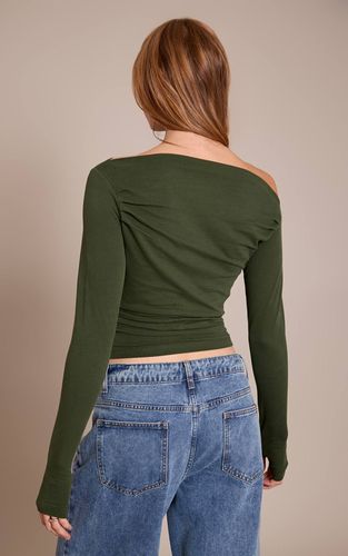 Dark Khaki Haut Asymétrique Froncé À Manches Longues En Coton Doux | Taille 32 - PrettyLittleThing - Modalova