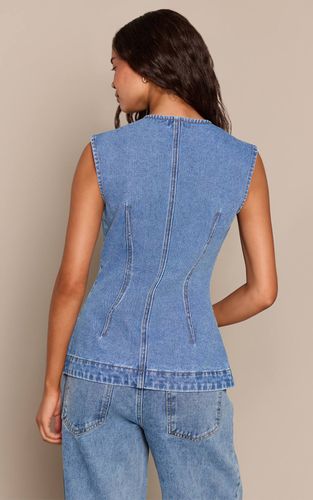 Mid Blue Wash Haut En Denim Sans Manches Long | Taille 32 - PrettyLittleThing - Modalova