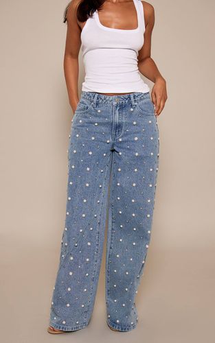 Mid Blue Wash Jean Petite Orné De Perles | Taille 42 - PrettyLittleThing - Modalova