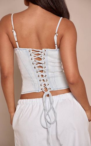 Light Blue Haut Corset En Denim À Bretelles Fines Et Dos À Nouer Petite | Taille 42 - PrettyLittleThing - Modalova