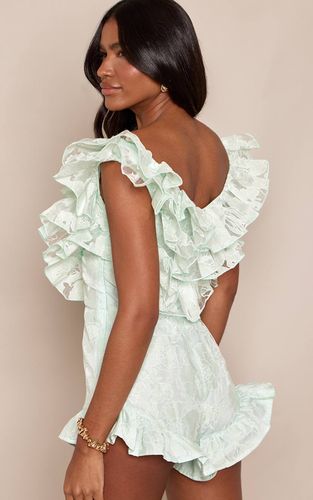 Light Mint Combi-short Bardot À Volants En Dentelle Florale | Taille 42 - PrettyLittleThing - Modalova