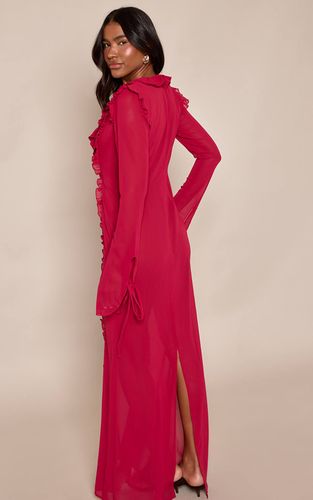 Robe Longue En Mousseline À Manches Longues Avec Détails Volantés Et Décolleté Plongeant | Taille 42 - PrettyLittleThing - Modalova