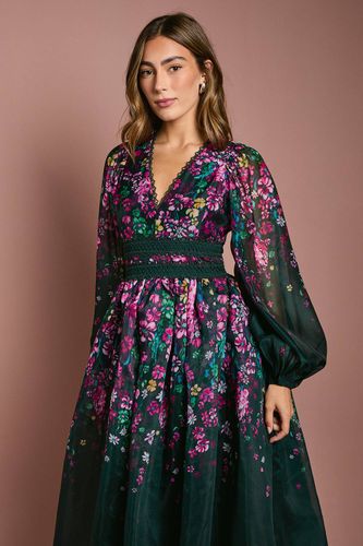 Robe Midaxi en Organza à Motifs Floraux avec Finitions en Dentelle | Taille 36 - Coast - Modalova