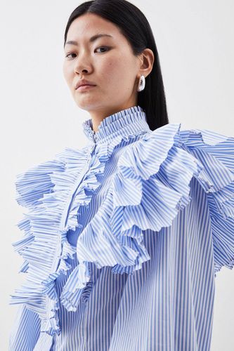Chemise tissée à plis, rayures et volants | Taille 14 - KarenMillen - Modalova