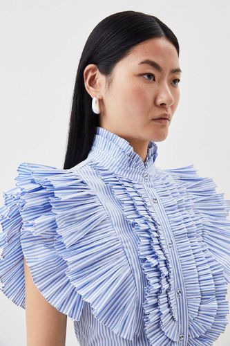 Chemisier tissé à plis et volants, manches courtes, à rayures | Taille 12 - KarenMillen - Modalova