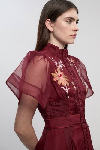 Robe Mi-longue en Organdi à Manches Évasées avec Broderie Botanique | Taille 10 - KarenMillen - Modalova