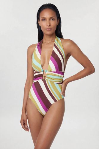 Maillot De Bain Plongeant À Rayures Diagonales Avec Détail En Strass | Taille Medium - KarenMillen - Modalova