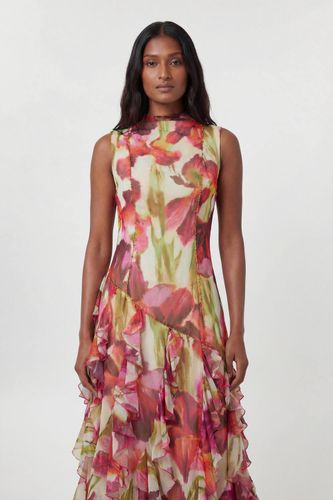 Robe Longue À Col Montant Perlé Imprimé Fleuri Froissé | Taille 6 - KarenMillen - Modalova