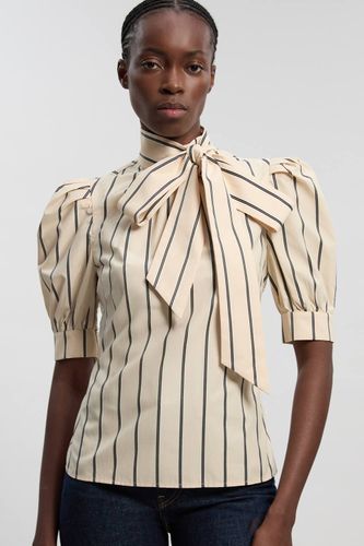Chemisier Tissé En Popeline De Coton À Rayures Monochromes Avec Nœud Lavallière Et Manches Bouffantes | Taille 10 - KarenMillen - Modalova