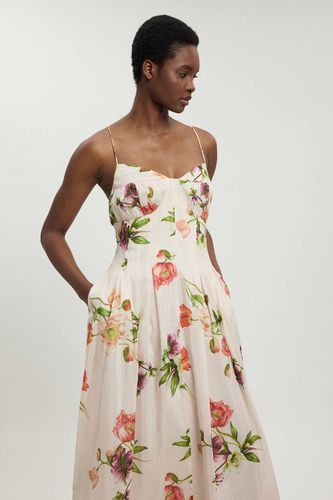 Robe Midi À Bretelles Fines En Coton Et Soie À Motif Floral | Taille 18 - KarenMillen - Modalova