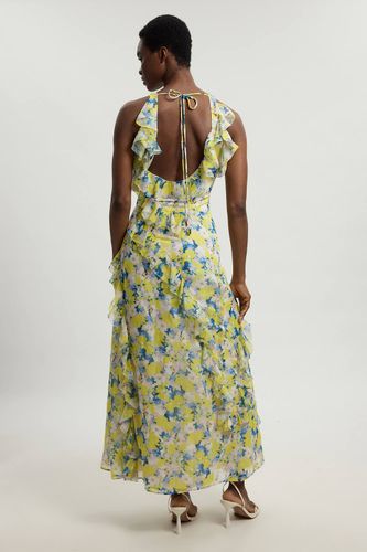 Robe Longue Tissée À Col Licou Avec Détails De Volants En Georgette Crêpée À Imprimé Petite Taille | Taille 14 - KarenMillen - Modalova