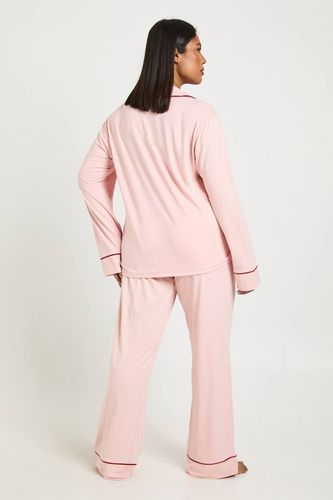 Ensemble De Pyjama Grande Taille En Jersey Avec Détails Passepoilés, Haut À Manches Longues Et Pantalon | Taille 48 - boohoo - Modalova