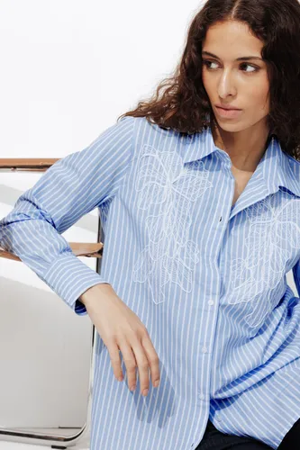 Longue chemise brodée Rayé marine - Promod - Modalova