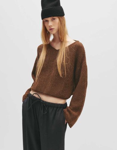 Pull & Bear - Pull en maille chenille Ã  col V - Marron-Brown Brown M female - Pull&bear - Modalova