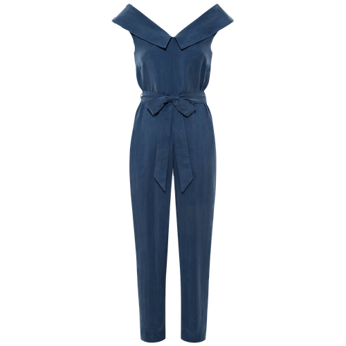 Off Shoulder Belted Vegan Jumpsuit (Dark Denim Blue) - Femponiq - Modalova