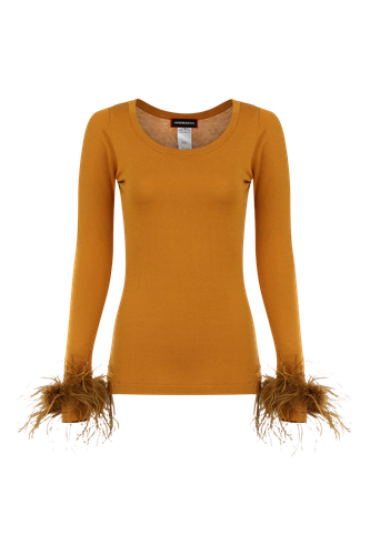 Camel Knit Top With Detachable Feather Cuffs - ANDREEVA - Modalova