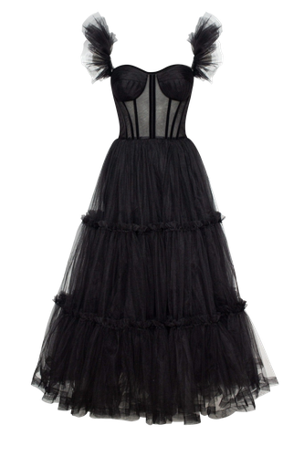 Black Ruffled Tulle Midi Dress - Milla - Modalova