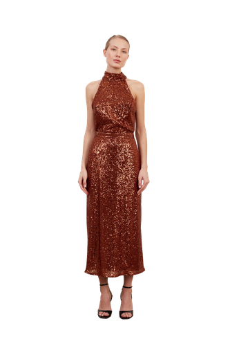 BRIANNA brown sequin bodycon midi dress with turtleneck - UNDRESS - Modalova