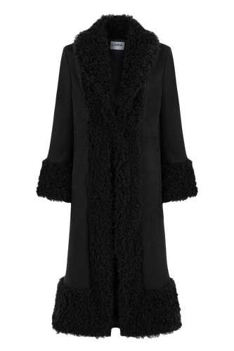 Lora Black Faux Fur Suede Long Coat - Lora Istanbul - Modalova