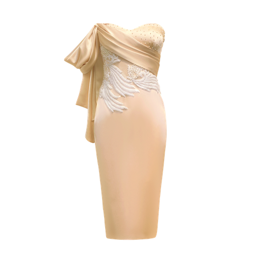 Champagne Midi Dress With Drape and Beaded Applique - ANITABEL - Modalova