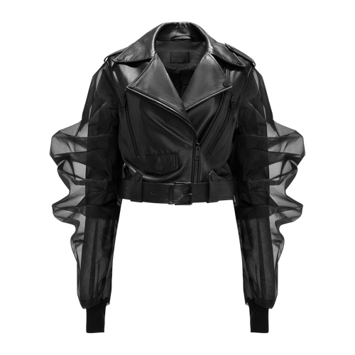 Cropped Leather Jacket With Silk Organza Sleeves - M - Cropped jackets - YAVORSKA - Modalova