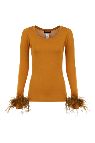 Camel Knit Top With Detachable Feather Cuffs | Women's Camel Long sleeve tops - ANDREEVA - Modalova