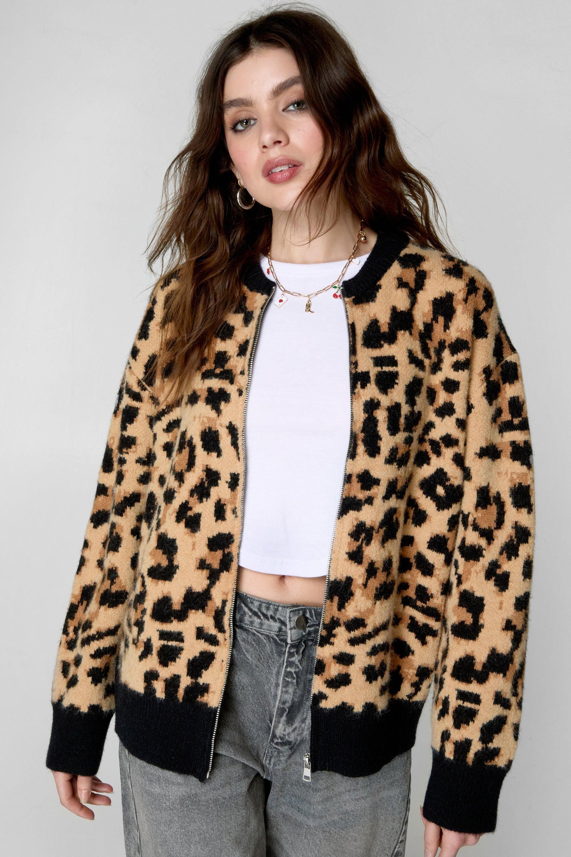 Leopard Jacquard Knit Bomber Jacket - S - Nasty Gal - Modalova