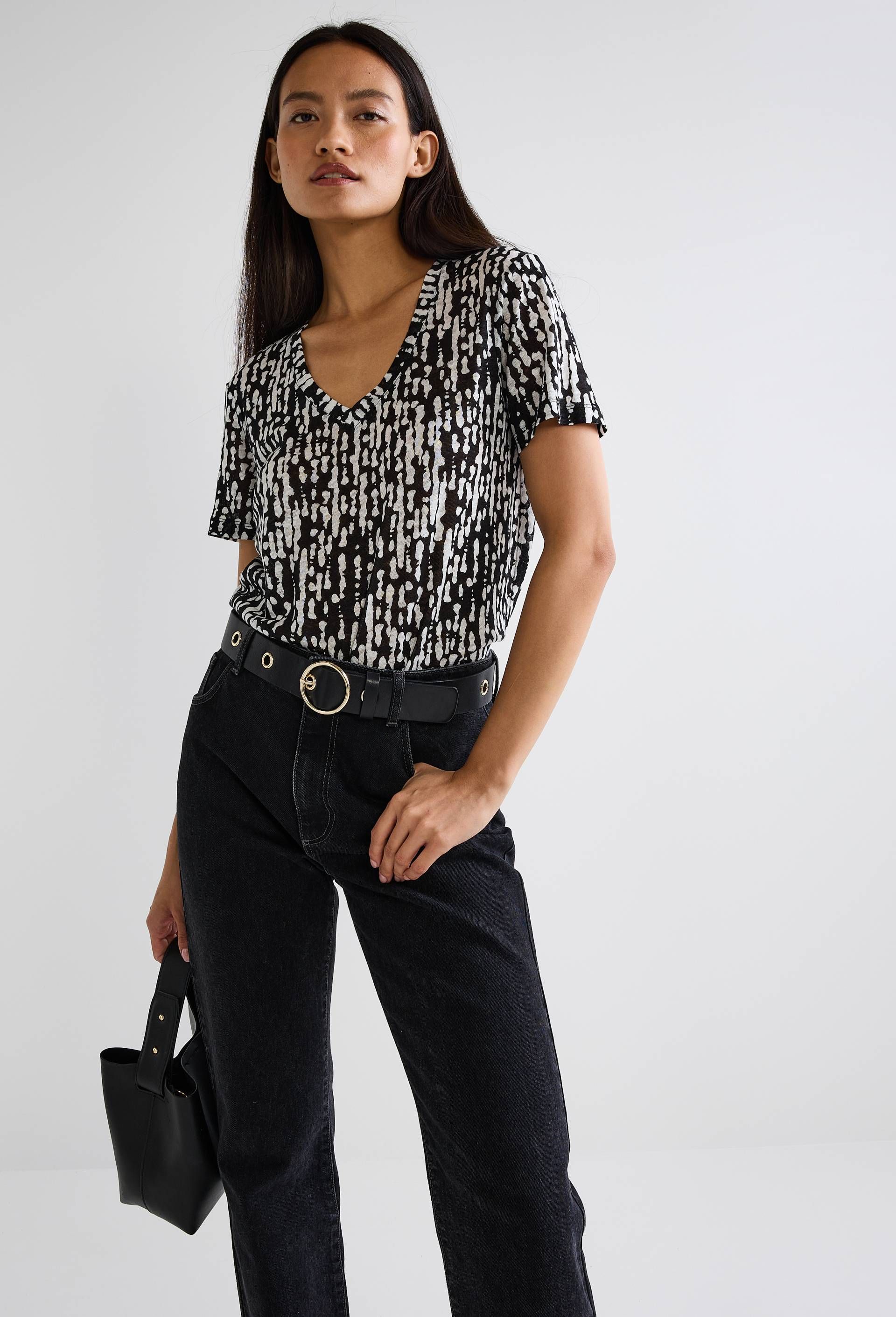 T-shirt col V imprimé en lin - MONOPRIX FEMME - Modalova